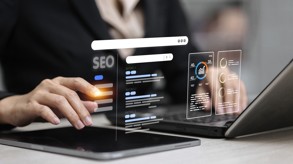 Businessperson analyzing a virtual SEO dashboard