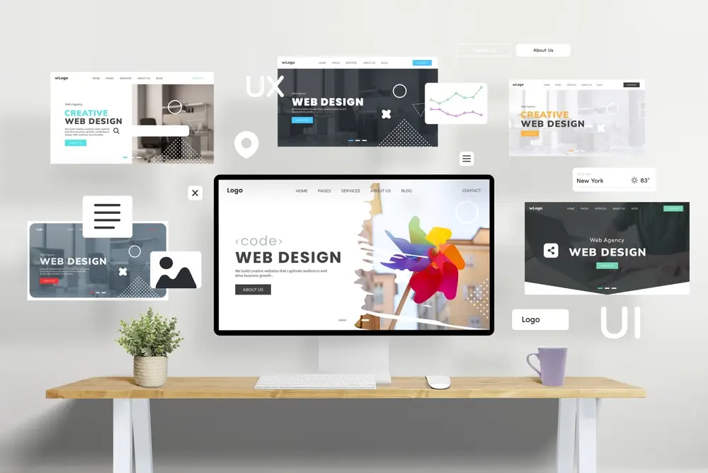 Web design studio concept pages flying around